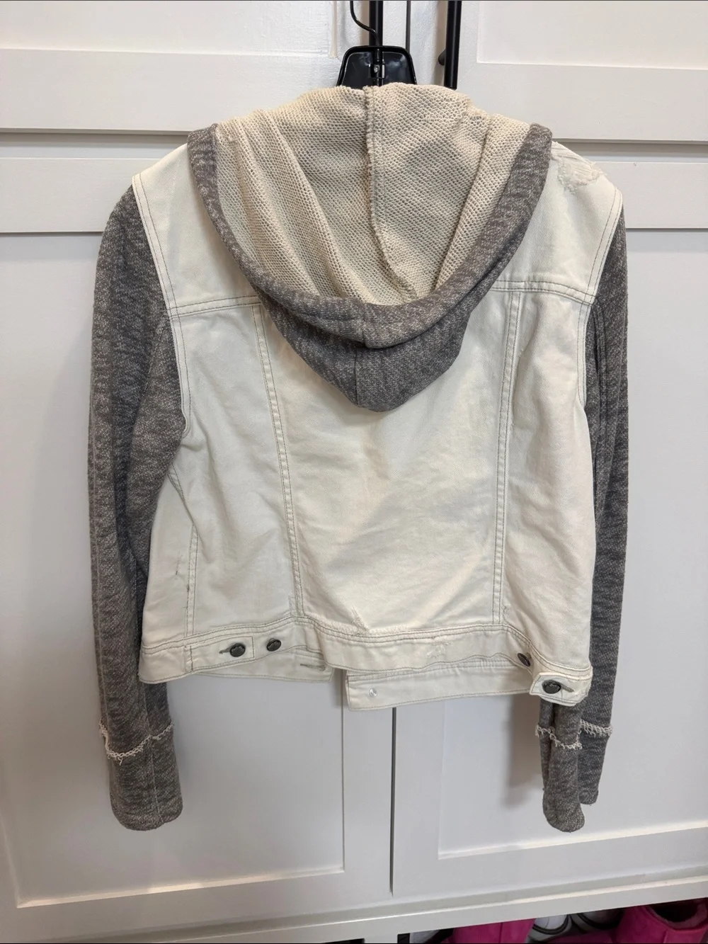 Free People Two-Tone Hooded Jean Jacket in Cream & Gray - Picture 2 of 4